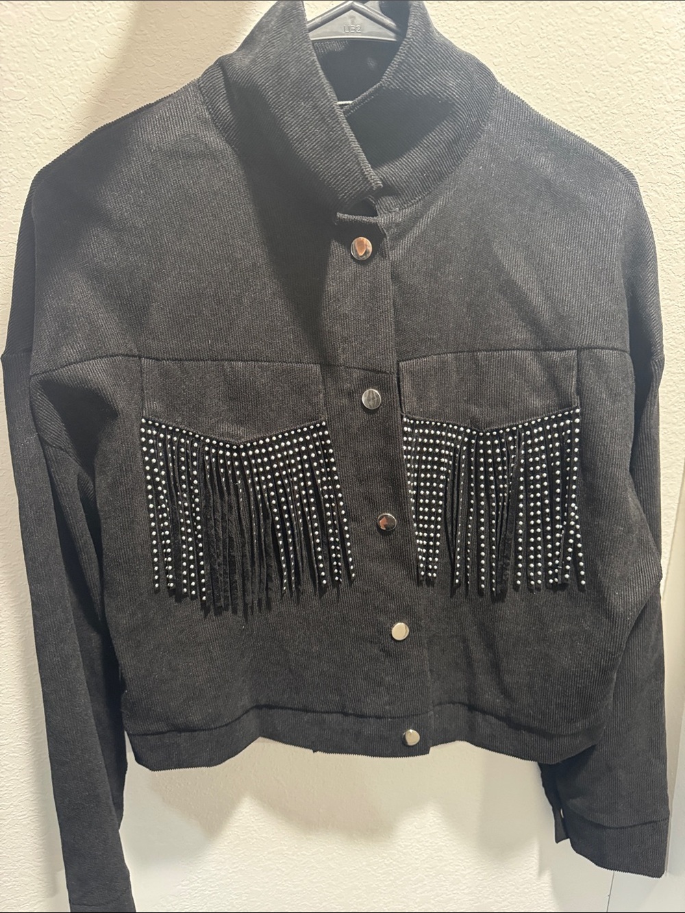 SHEIN Black Studded Fringe Cropped Jean Jacket
